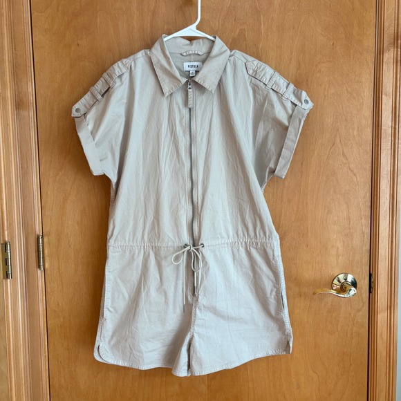 pistola Pants - Pistola Womens Zip Up Romper Short‎ Sleeve Drawstring Waist Casual Beige